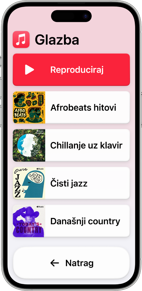 iPhone u Pomoćnom pristupu s otvorenom aplikacijom Glazba. Tipka Reproduciraj nalazi se na vrhu zaslona, a tipka Natrag na dnu. Popis reprodukcijskih lista ispunjava sredinu zaslona.