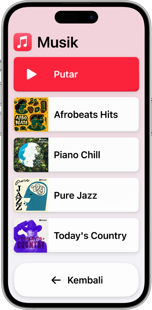 iPhone dalam Akses Bantuan dengan app Musik terbuka. Tombol Putar berada di bagian atas layar dan tombol Kembali berada di bagian bawah. Daftar berisi daftar putar mengisi bagian tengah layar.