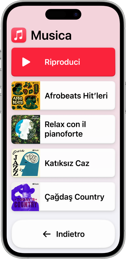 Un iPhone in modalità “Accesso assistito” in cui è aperta l’app Musica. Il pulsante Riproduci si trova nella parte superiore dello schermo, mentre il pulsante Indietro è visualizzato in basso. Al centro dello schermo, è visualizzato un elenco di playlist.