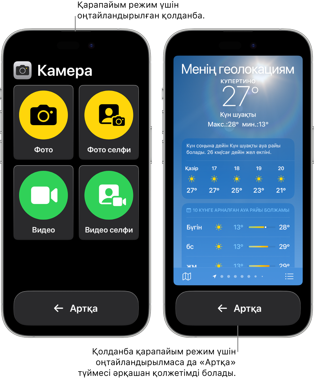 Қарапайым режимдегі екі iPhone экраны. Бір iPhone құрылғысы түймелердің үлкен торы бар Қарапайым режимге арналған қолданбаны көрсетеді. Басқа iPhone Қарапайым режимге арналмаған қолданбаны және оның түпнұсқа дизайнында көрсетеді. Қолданба экранда кішірек, төменінде үлкен «Артқа» түймесі болады.