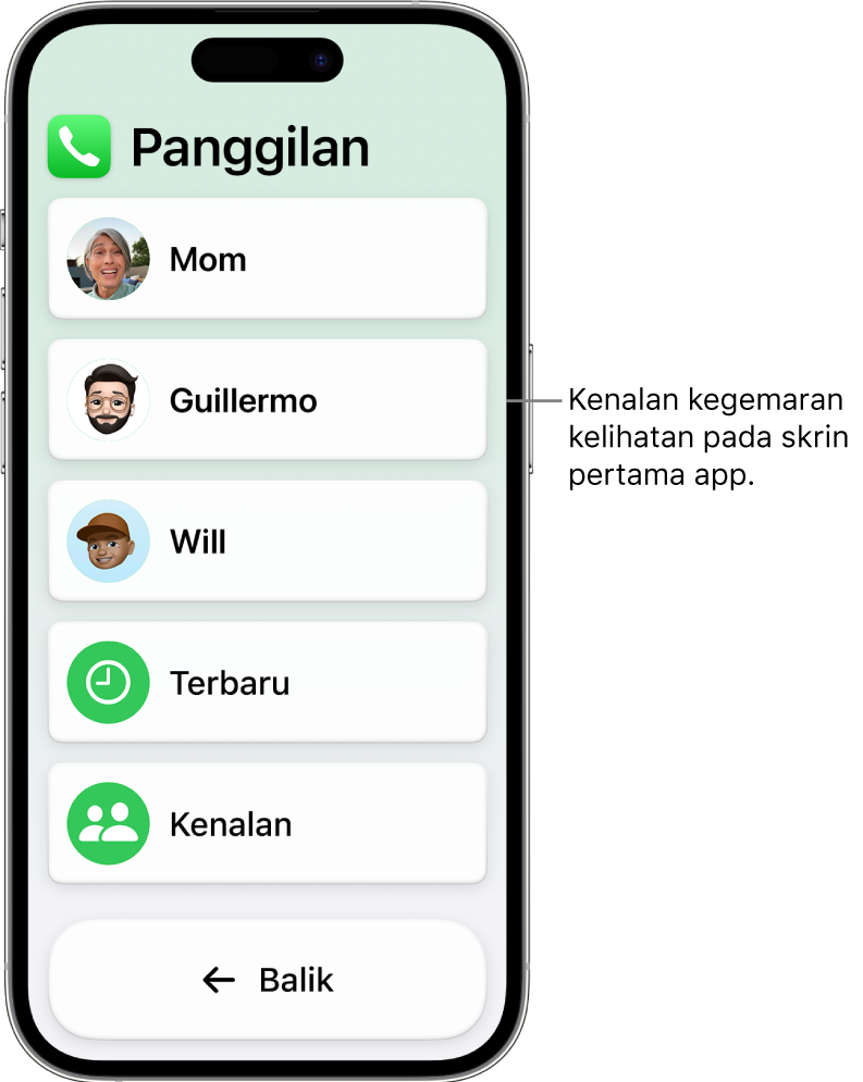 iPhone dalam Akses Bantu dengan app Panggilan dibuka, menunjukkan senarai foto dan nama kenalan.