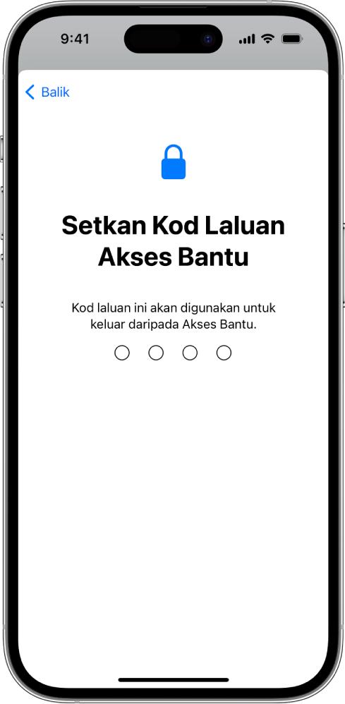 iPhone menunjukkan skrin untuk mengesetkan kod laluan Akses Bantu yang digunakan untuk memasuki dan keluar daripada Akses Bantu.