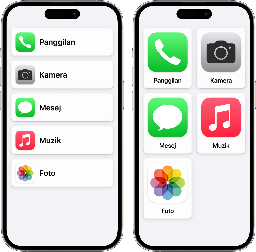 Dua skrin iPhone dalam Akses Bantu. Satu menunjukkan Skrin Utama dengan app disenaraikan dalam baris. Satu lagi menunjukkan app lebih besar yang disusun dalam grid.