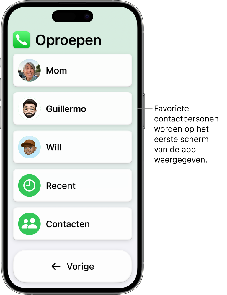 Een iPhone met hulpbedieningstoegang, waarop de Oproepen-app is geopend en waarop een lijst met foto's en namen van contactpersonen te zien is.