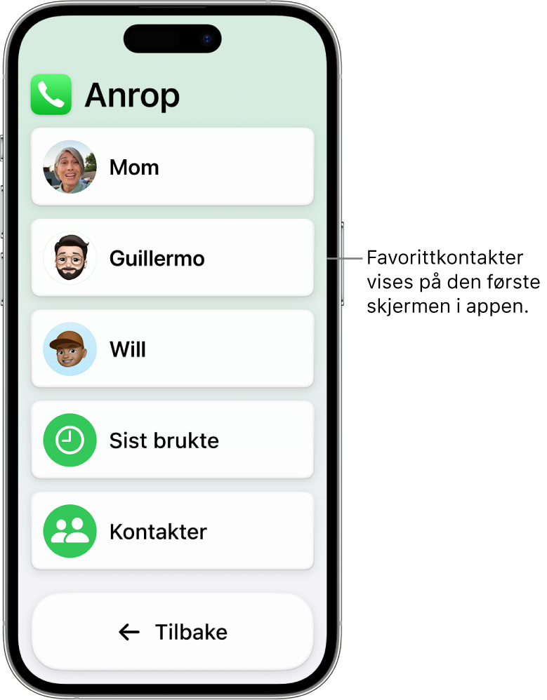 En iPhone i Assistert tilgang med Anrop-appen åpen, som viser en liste med kontaktbilder og -navn.