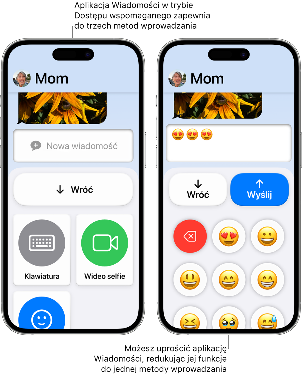 Dwa ekrany iPhone’a z trybem Dostęp wspomagany Jeden iPhone wyświetlający aplikację Wiadomości z metodami wprowadzania do wyboru przez użytkownika, takimi jak Klawiatura i Wideo selfie. Drugi wyświetlający wiadomość wysyłaną za pomocą klawiatury z samymi ikonami emoji.