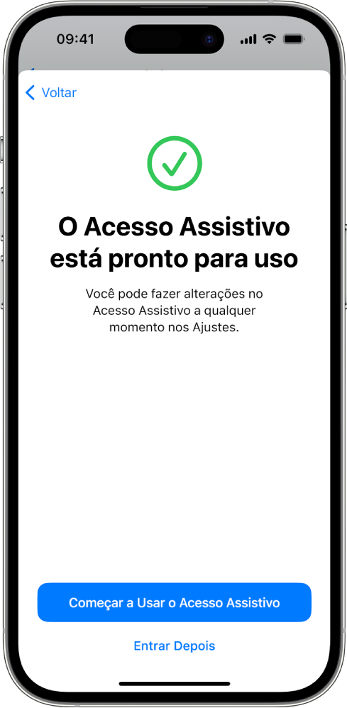 iPhone mostrando que o Acesso Assistivo está pronto para ser usado, com um botão na parte inferior para entrar no Acesso Assistivo.