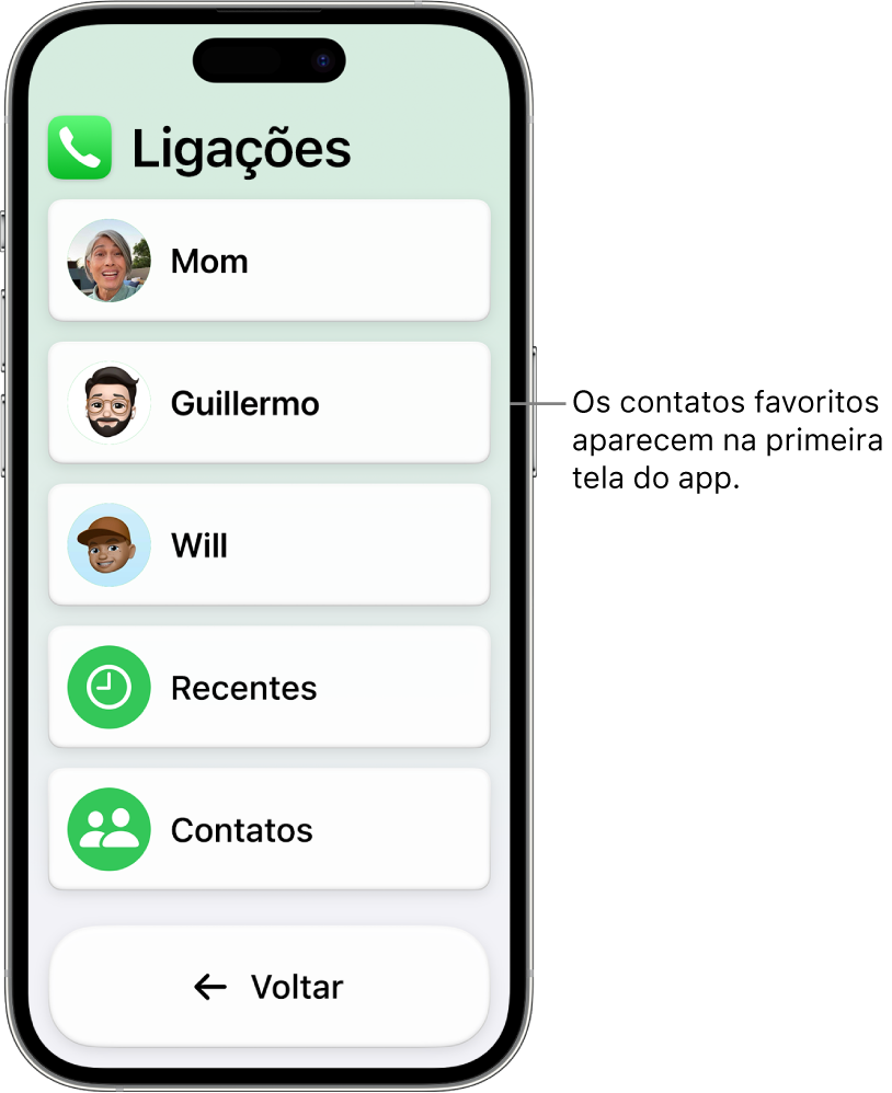 iPhone no Acesso Assistivo com o app Ligações aberto, mostrando uma lista de fotos e nomes de contatos.