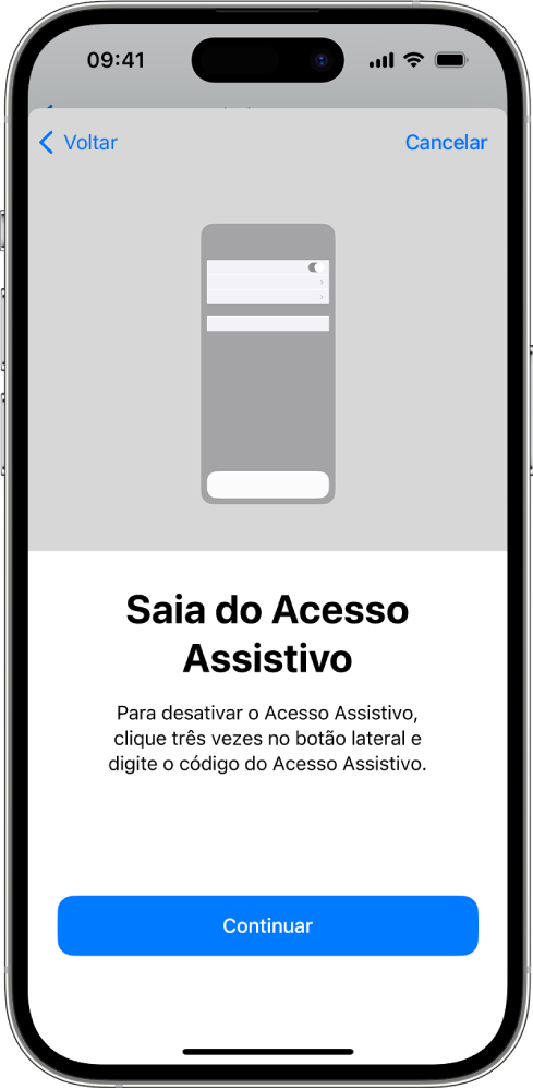 iPhone com tela explicando como sair do Acesso Assistivo.