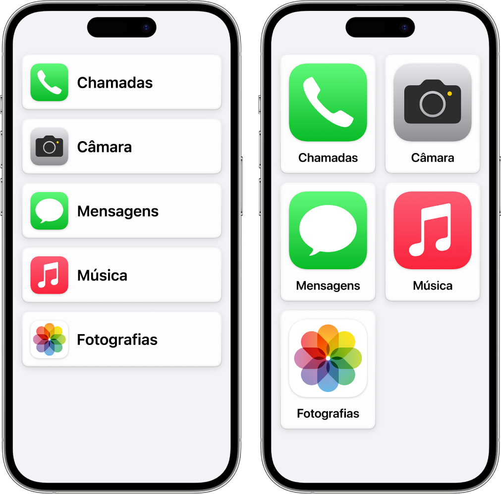 Dois ecrãs de iPhone no Acesso assistido. Um mostra o ecrã principal com as aplicações listadas em linha. O outro mostra aplicações maiores organizadas numa grelha.