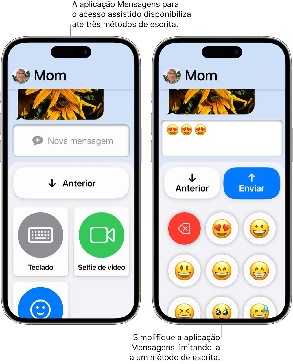 Dois ecrãs de iPhone no Acesso assistido. Um iPhone mostra a aplicação Mensagens com métodos de escrita para o utilizador escolher, como “Teclado” ou “Selfie de vídeo”. O outro mostra uma mensagem a ser enviada usando um teclado só de emoji.