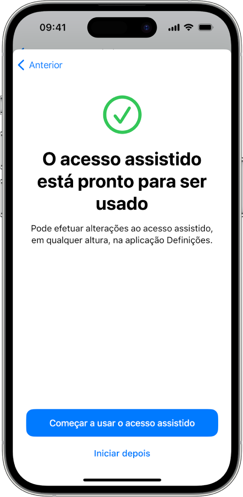 Um iPhone mostra que o Acesso assistido está pronto para ser usado com um botão na parte inferior para entrar no Acesso assistido.