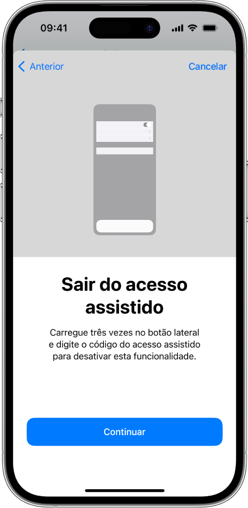 Um iPhone com um ecrã a explicar como se sai do Acesso assistido.