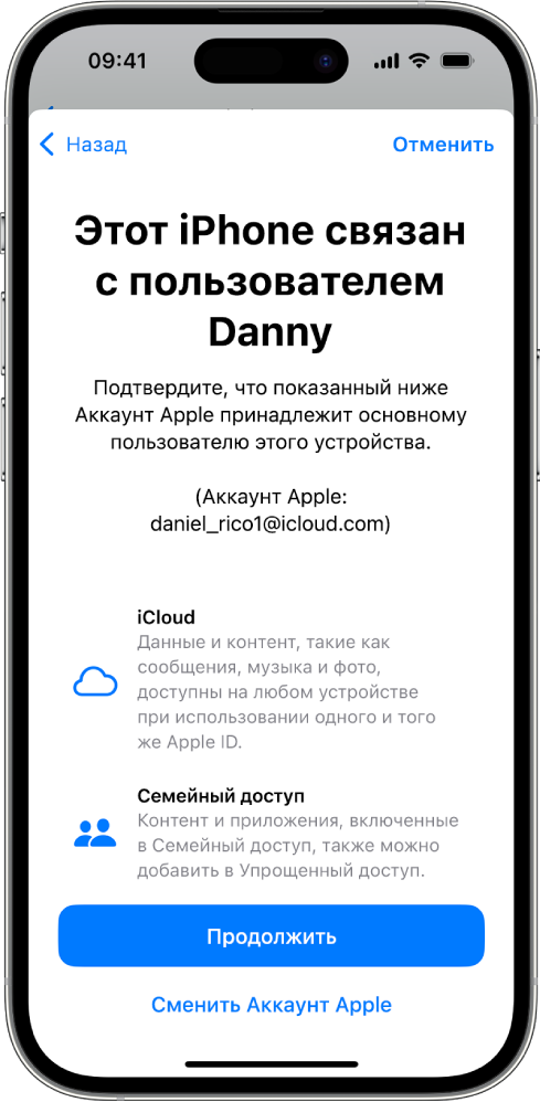 На iPhone отображается связанный с устройством Аккаунт Apple, а также информация о функциях iCloud и «Семейный доступ», которые можно использовать в режиме Упрощенного доступа.