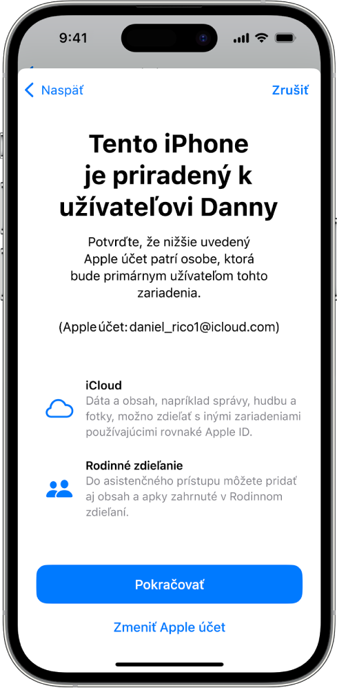 Na iPhone sa zobrazuje Apple účet prepojený so zariadením a informácie o iCloude a Rodinnom zdieľaní, ktoré možno používať s asistenčným prístupom.