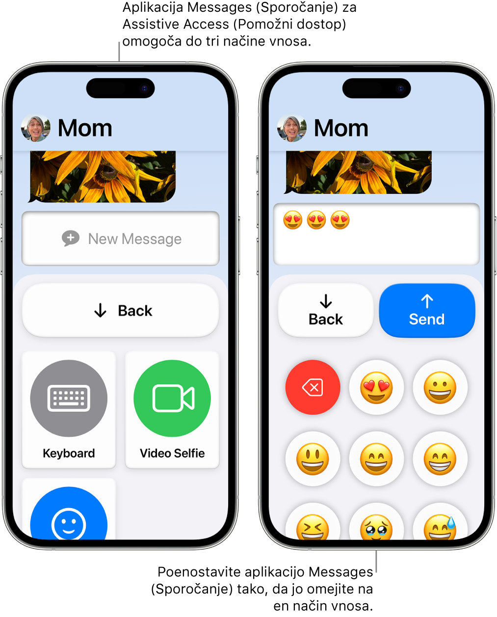 Dva zaslona iPhona v funkciji Assistive Access. En iPhone prikazuje aplikacijo Messages z načini vnosa, med katerimi lahko uporabnik izbira, na primer Keyboard ali Video Selfie. Druga prikazuje sporočilo, ki se pošilja s tipkovnico samo za čustvo.