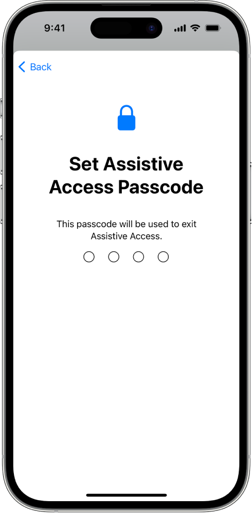 iPhone, ki prikazuje zaslon za nastavitev koda za dostop za Assistive Access, ki se uporablja pri vstopu in izstopu iz Assistive Access.