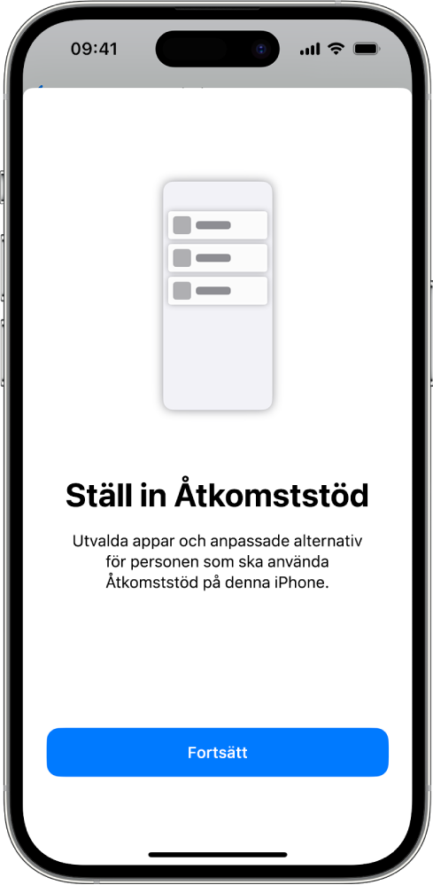 En iPhone visar inställningsskärmen för Åtkomststöd med knappen Fortsätt i nederkanten.