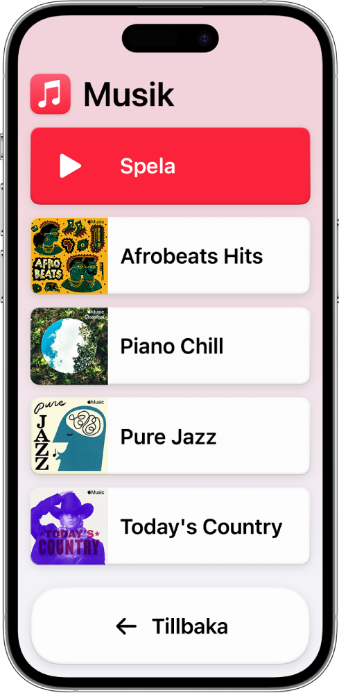 En iPhone i Åtkomststöd med appen Musik öppen. Uppspelningsknappen finns överst på skärmen och knappen Tillbaka är längst ned. En lista med spellistor fyller mitten av skärmen.