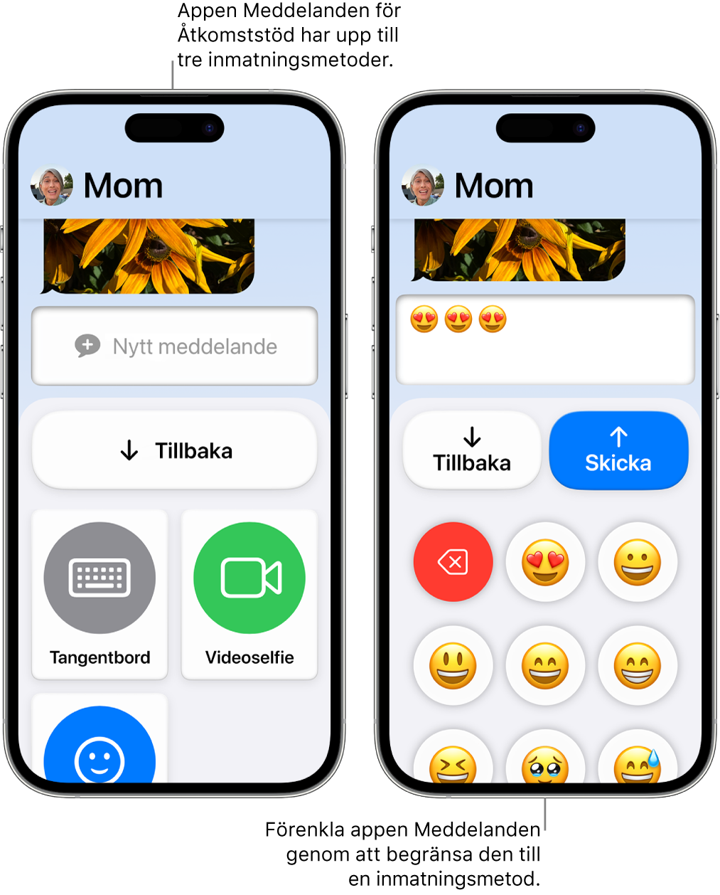 Två iPhone-skärmar i Åtkomststöd. En iPhone visar appen Meddelanden med inmatningsmetoder som användaren kan välja mellan, som Tangentbord eller Videoselfie. Den andra visar ett meddelande som skickas med ett emojibaserat tangentbord.