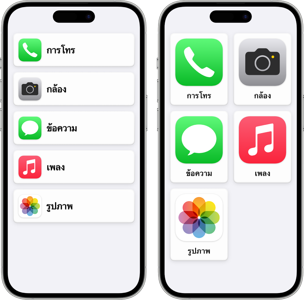หน้าจอ iPhone สองเครื่องที่อยู่ในโหมดช่วยเหลือการเข้าถึง เครื่องหนึ่งแสดงหน้าจอโฮมที่มีแอปต่างๆ แสดงลิสต์เรียงกันเป็นแถว อีกเครื่องหนึ่งแสดงแอปที่มีขนาดใหญ่กว่าซึ่งจัดเรียงในรูปแบบตาราง