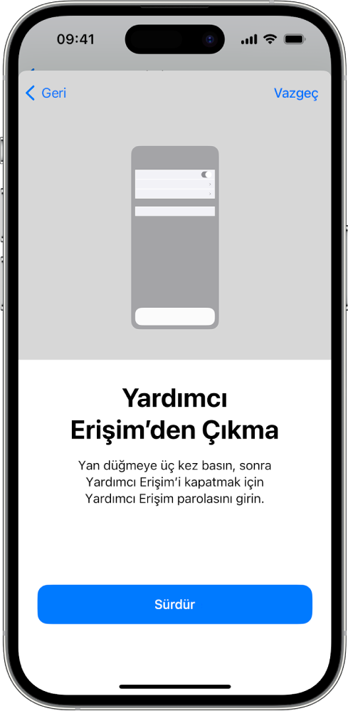 Ekranında Yardımcı Erişim’den nasıl çıkılacağını açıklayan bir iPhone.