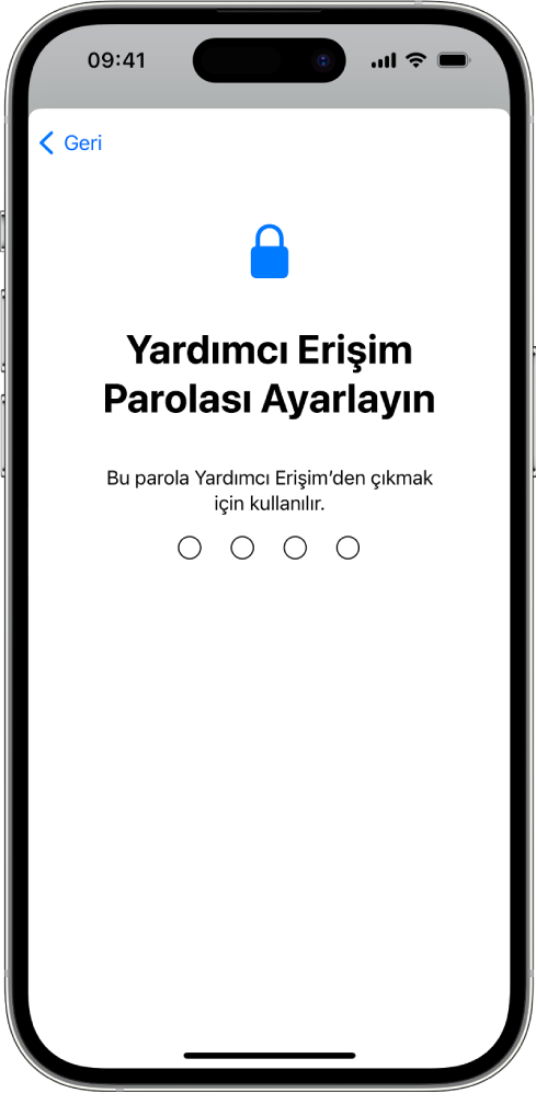 Yardımcı Erişim’e geçerken ve Yardımcı Erişim’den çıkarken kullanılan Yardımcı Erişim parolasını ayarlama ekranını gösteren bir iPhone.