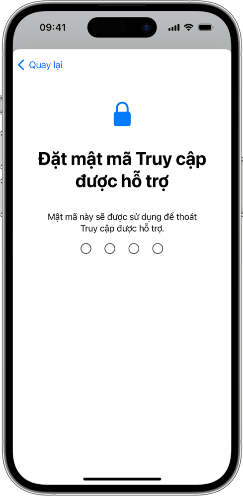 Một iPhone đang hiển thị màn hình để đặt mật mã Truy cập được hỗ trợ được sử dụng khi vào và thoát Truy cập được hỗ trợ.