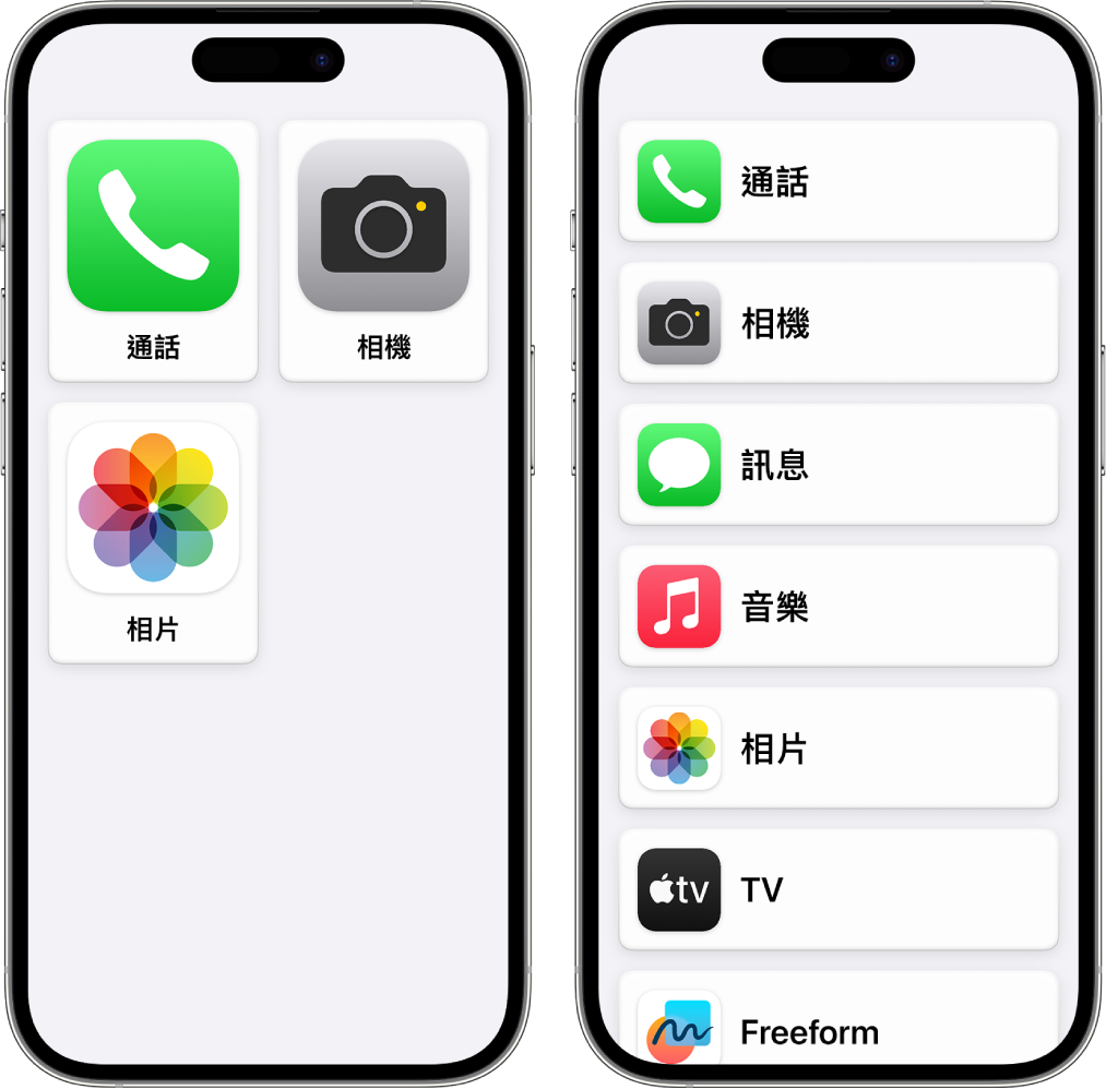 兩部個顯示「輔助取用」主畫面的 iPhone 畫面。一部 iPhone 顯示只有幾個 App 的大圖示。另一部 iPhone 顯示列表中的多個 App。