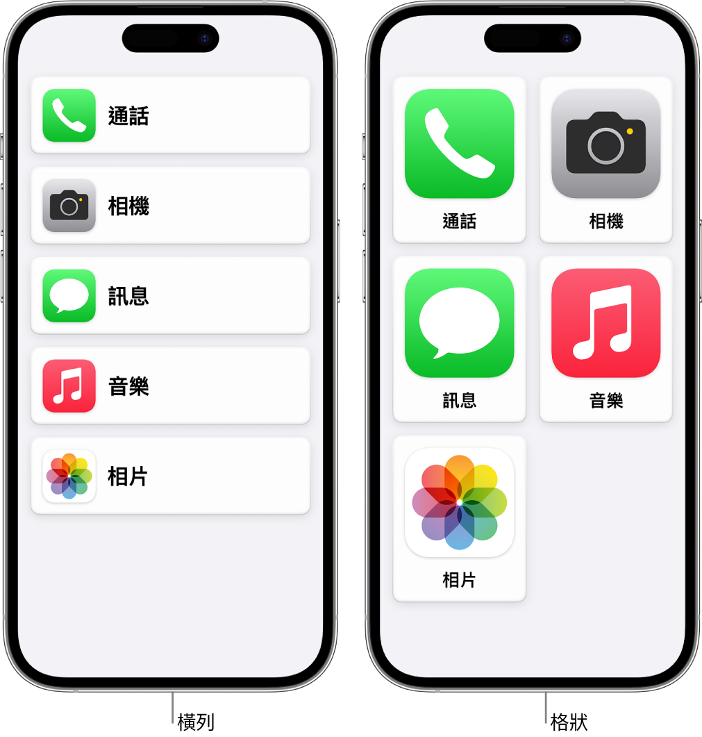 兩個處於「輔助取用」的 iPhone 畫面。一部顯示以橫列列出 App 的主畫面。另一部顯示以格狀排列的較大型 App。