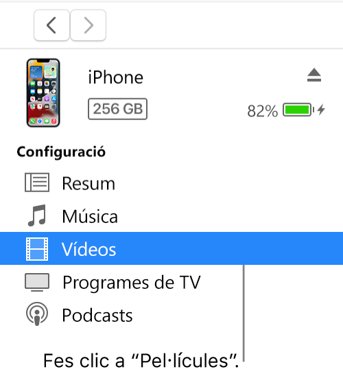 La finestra del dispositiu amb l’opció “Pel·lícules” seleccionada a la barra lateral.