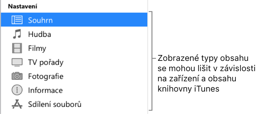 Na bočním panelu je vybraná volba Souhrn. Zobrazené typy obsahu mohou záviset na vašem zařízení a na obsahu vaší knihovny iTunes