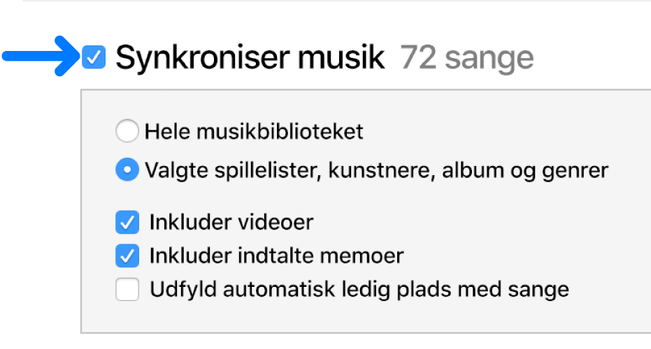 Synkroniser musik er valgt øverst til venstre med indstillinger for synkronisering af hele dit bibliotek eller kun valgte emner.