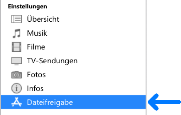 Klicke in den Einstellungen des Geräts auf „Dateifreigabe“, um Daten zwischen deinem Computer und dem Gerät zu übertragen.