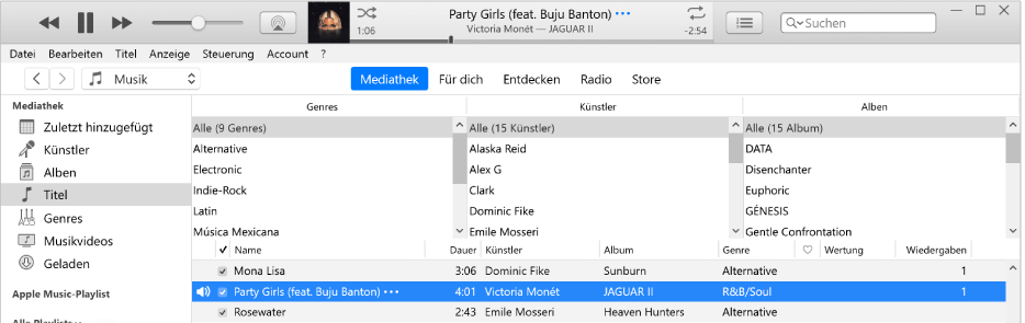 Das iTunes-Hauptfenster: Der Spaltenbrowser befindet sich rechts neben der Seitenleiste und über der Titelliste.