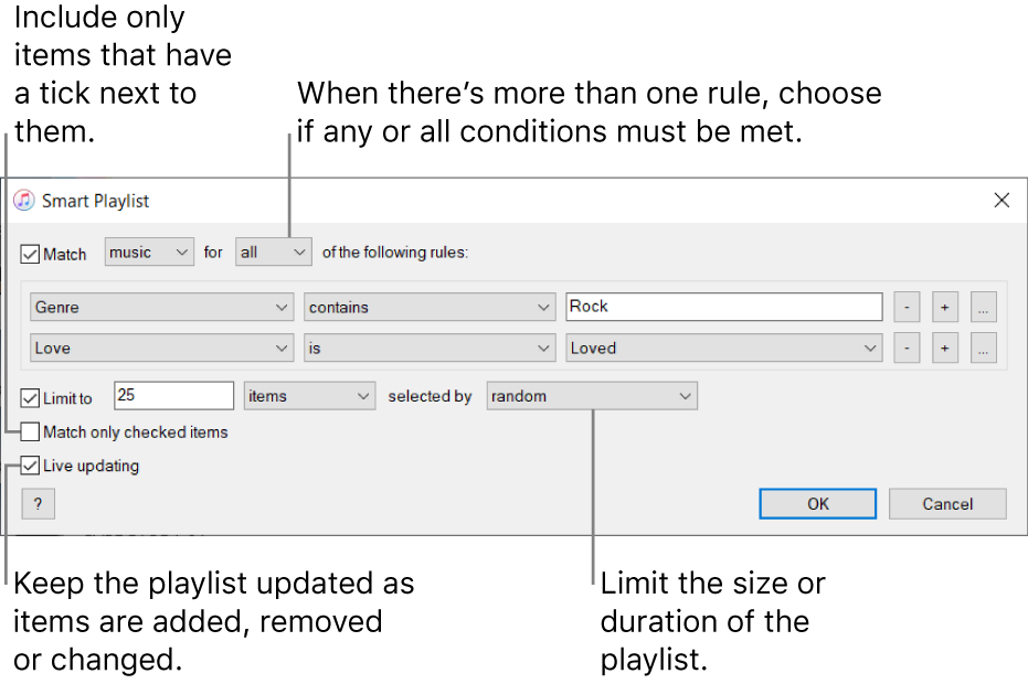 The Smart Playlist window: In the upper-left corner, select Match, then specify the playlist criteria (such as genre or love). Continue to add or remove rules; when there’s more than one rule, choose if any or all of the conditions must be met. Select various options in the lower portion of the window such as limiting the size or duration of the playlist, including only songs that are ticked or having iTunes update the playlist as items in your library change.