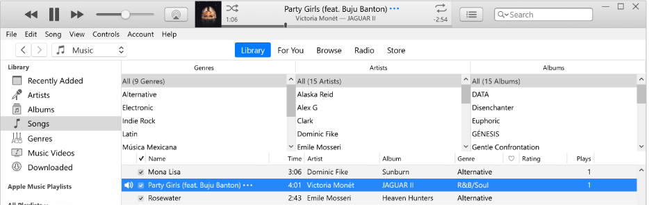 The iTunes main window: The column browser is to the right of the sidebar and above the list of songs.