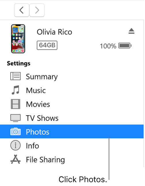 The Device window, with Photos selected in the sidebar.