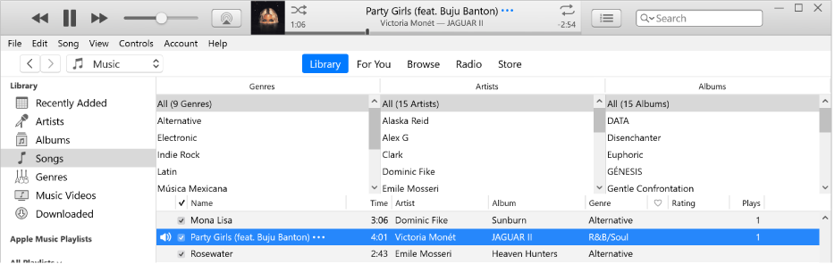 The iTunes main window: The column browser is to the right of the sidebar and above the list of songs.