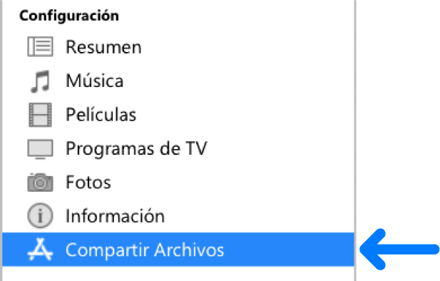 En la configuración del dispositivo haz clic en Compartir archivos para transferir archivos entre tu equipo y tu dispositivo.