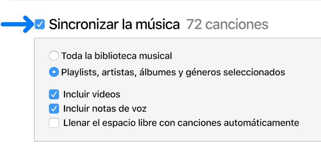 La opción Sincronizar música ubicada en la esquina superior izquierda está seleccionada con opciones para sincronizar la biblioteca entera o sólo los elementos sincronizados.