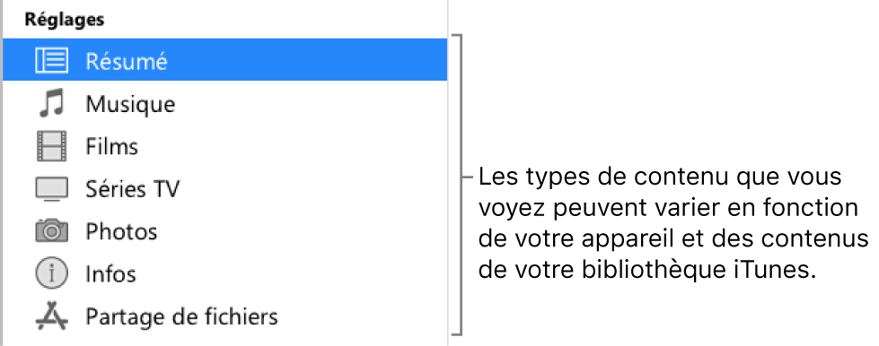 L’option Résumé est sélectionnée dans la barre latérale. Les types de contenu qui s’affichent peuvent varier en fonction de votre appareil et des contenus de votre bibliothèque iTunes.