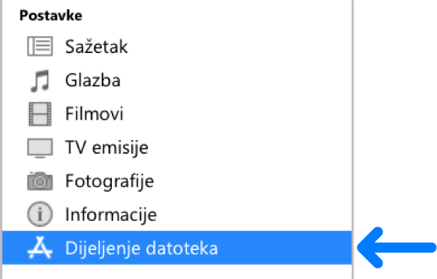 U Postavkama uređaja kliknite Dijeljenje datoteka za prebacivanje datoteka između računala i uređaja.