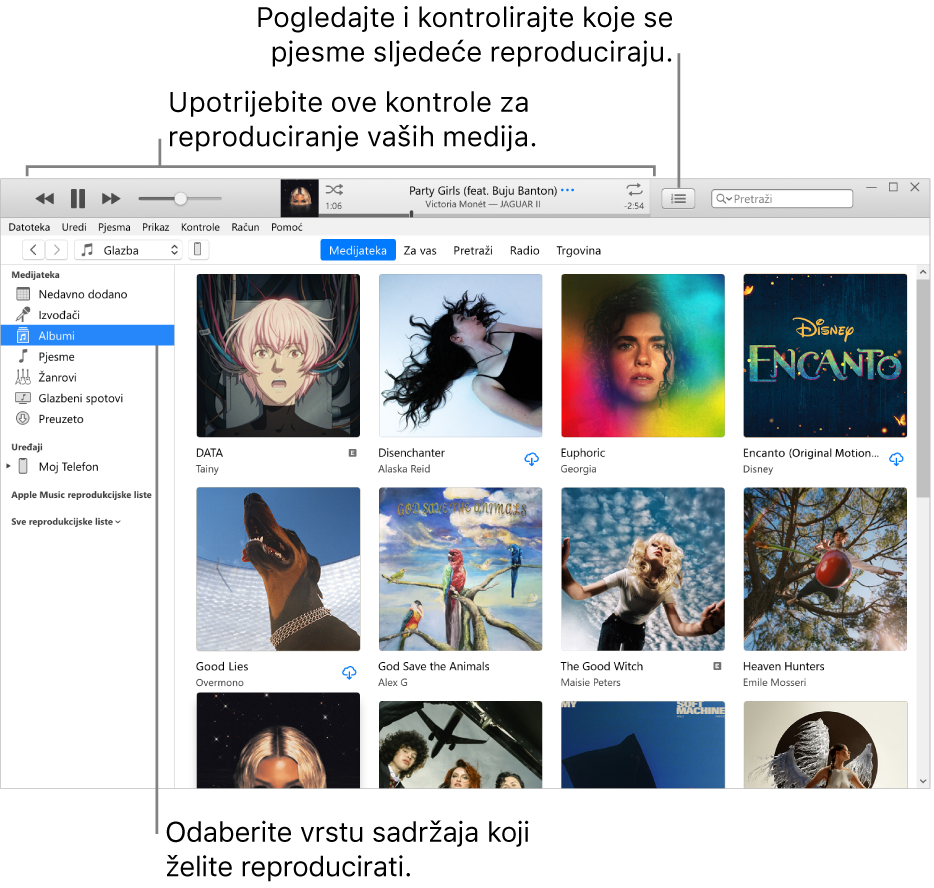 Glavni prozor iTunes medijateke: U navigatoru odaberite vrstu medija za reprodukciju (kao što je Glazba). Koristite kontrole u baneru na vrhu za reprodukciju svojih medija, te koristite skočni izbornik Sljedeće na redu s desne strane kako biste medijateku prikazali na različite načine.