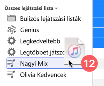 Egy album áthúzása egy lejátszási listára. A lejátszási lista egy kék négyszöggel van kiemelve.