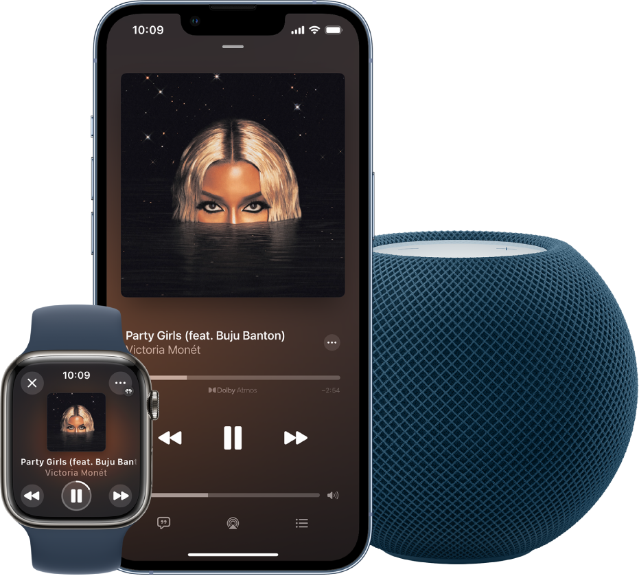 Apple Watch, iPhone 및 HomePod mini에서 재생 중인 Apple Music의 노래.