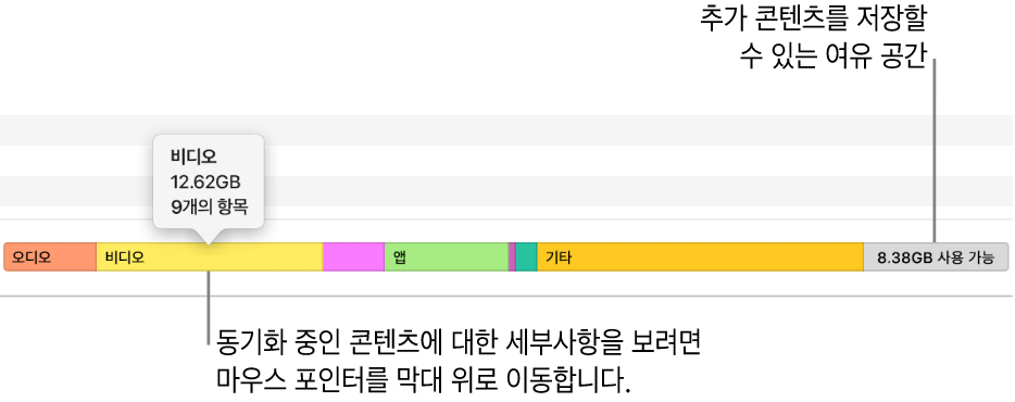 창 하단에서 포인터를 막대 위로 이동하여 동기화 중인 콘텐츠에 대한 세부사항을 보고 더 많은 콘텐츠를 위해 남은 공간을 확인함.