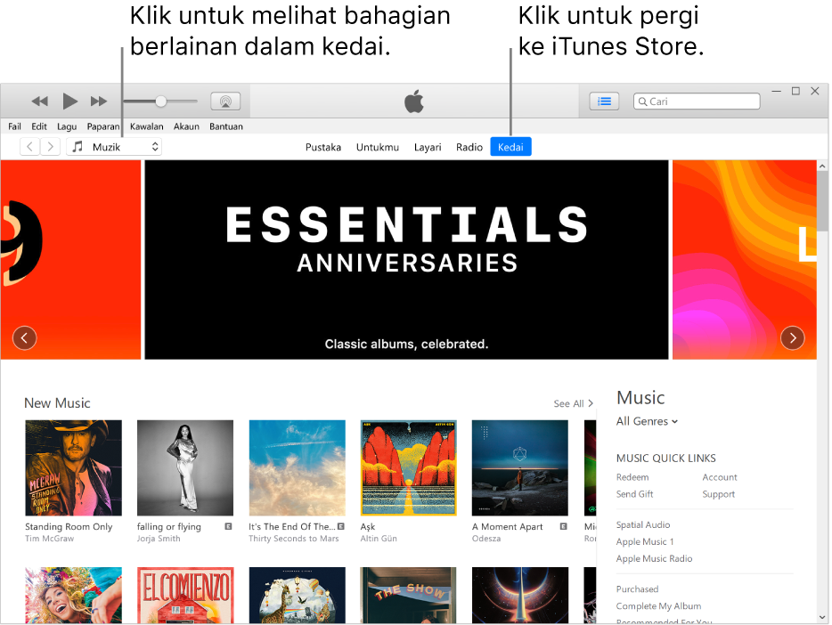 Tetingkap utama iTunes store: Dalam bar navigasi, Kedai diserlahkan. Di penjuru kiri atas, pilih untuk melihat kandungan berlainan dalam Kedai (seperti Muzik atau TV).