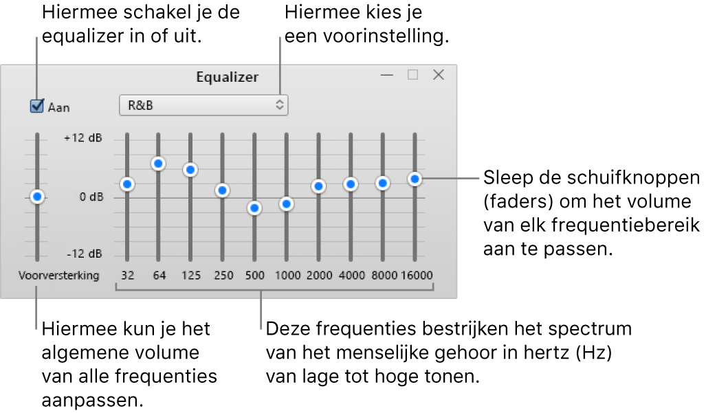 Het venster 'Equalizer': Het selectievakje waarmee je de iTunes-equalizer inschakelt, bevindt zich in de linkerbovenhoek. Ernaast zie je het pop‑upmenu met de voorinstellingen van de equalizer. Helemaal links pas je het algemene volume van frequenties aan met de voorversterker. Onder de voorinstellingen van de equalizer pas je het geluidsniveau per frequentiebereik aan. Elk bereik vertegenwoordigt een bepaald gedeelte van het menselijk gehoor, van laag naar hoog.