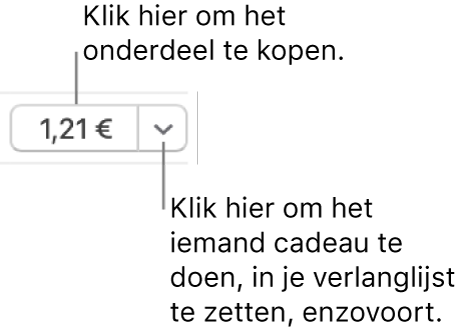 Een knop met een prijs. Klik op de prijs om het onderdeel te kopen. Klik op de pijl om het onderdeel bijvoorbeeld aan iemand cadeau te geven of op je verlanglijst te zetten.